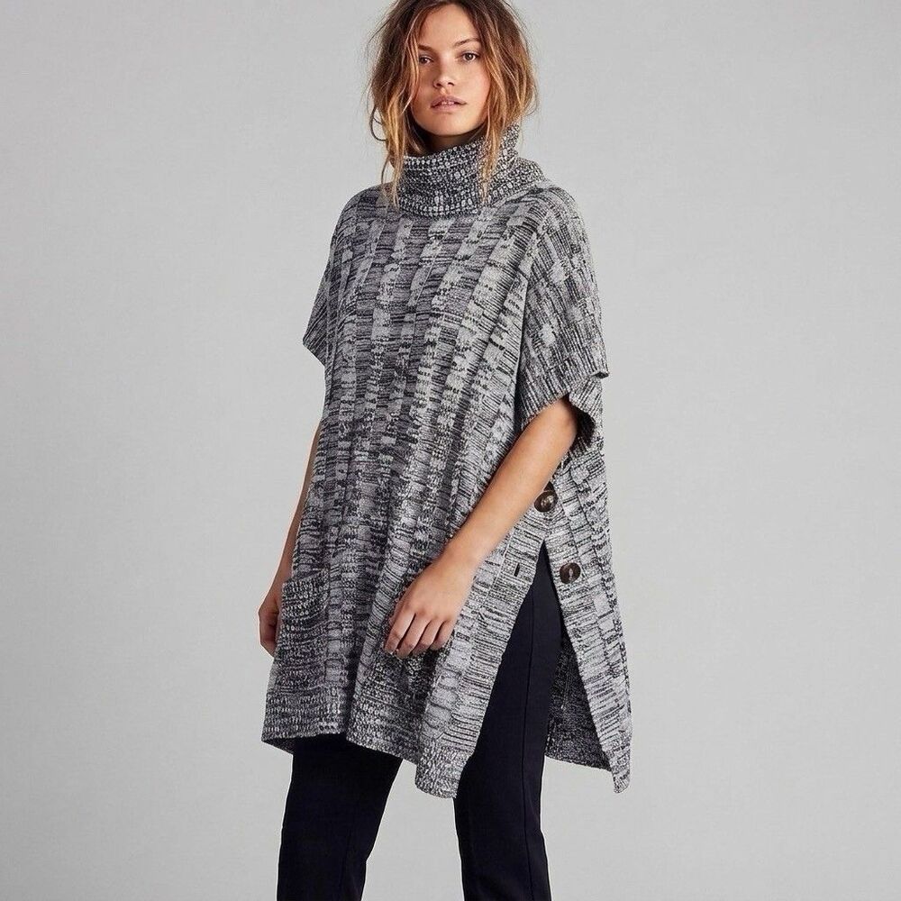 Womens Sweater Poncho One Size Turtleneck Chunky Knit Heather Oversized Gorpcore